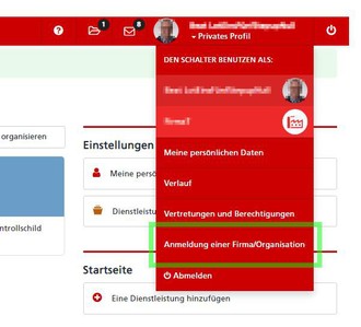 Anmeldung Profil Firma oder Organisation